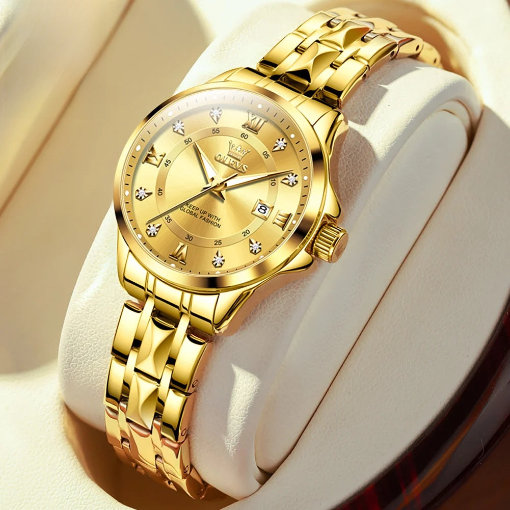 Damen Goldene Edelstahl-Armbanduhr mit kleinem Zifferblatt und Datumsanzeige