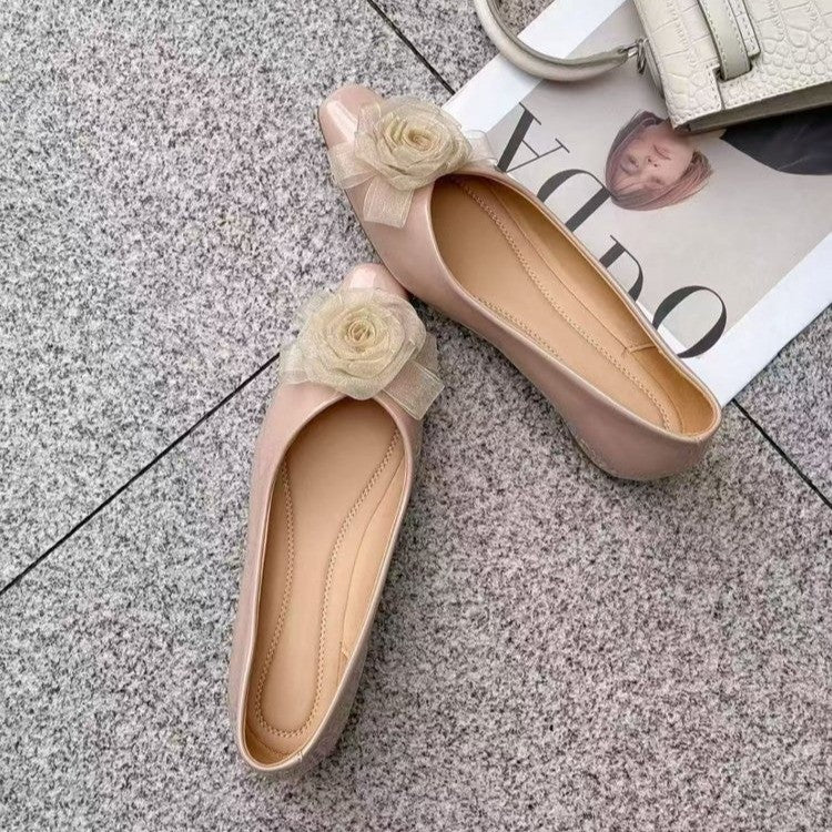 2026 Summer French Style Patent Leather Flats Women, Square Toe Shallow Shoes With 3D Mesh Rose, Slip-on Elegant Daily Ballet Shoes
