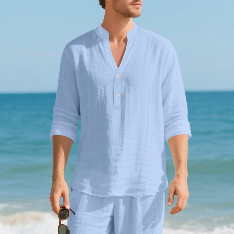 Autumn Linen Men's Long-Sleeve T-Shirt With Stand Collar And Buttons