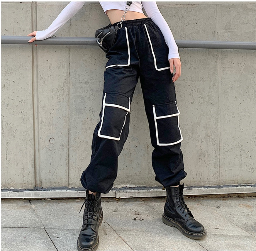White Stripe Cargo Pants Women Trousers Pockets Patchwork Contrast Color High Waist Pants Hip Hop Capris