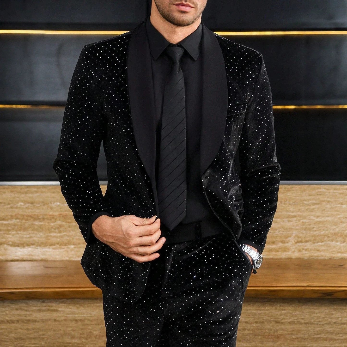Mens Black Formal Suit Set With Subtle Glitter