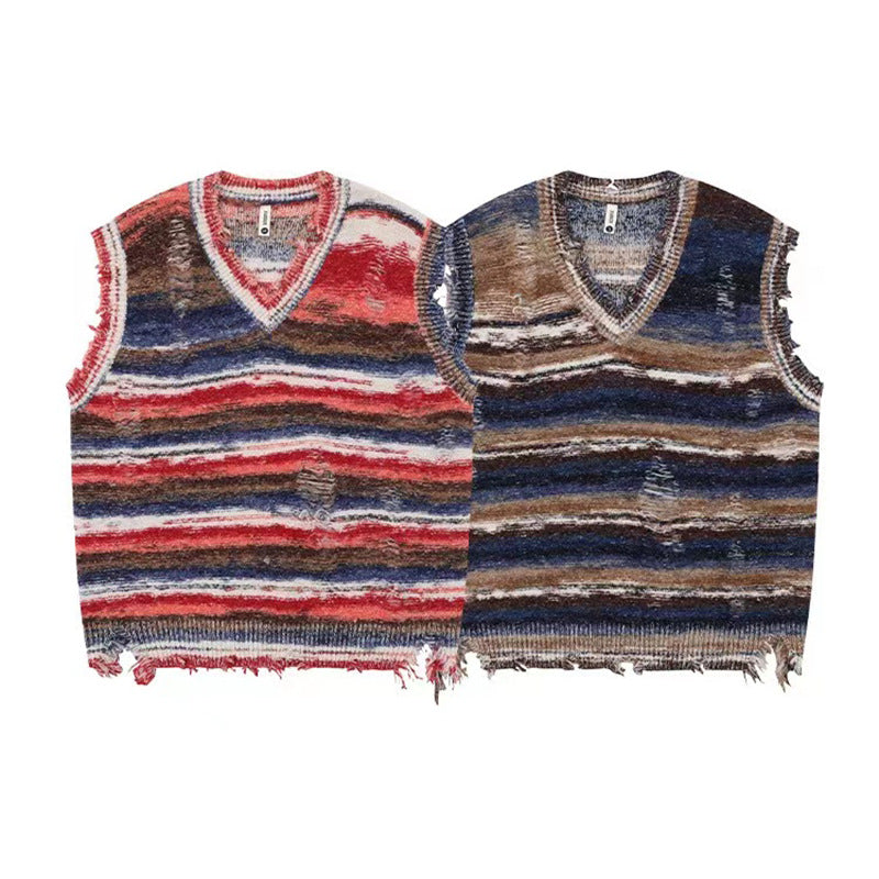 Retro Relaxed Color-block Striped Sleeveless Knit Vest
