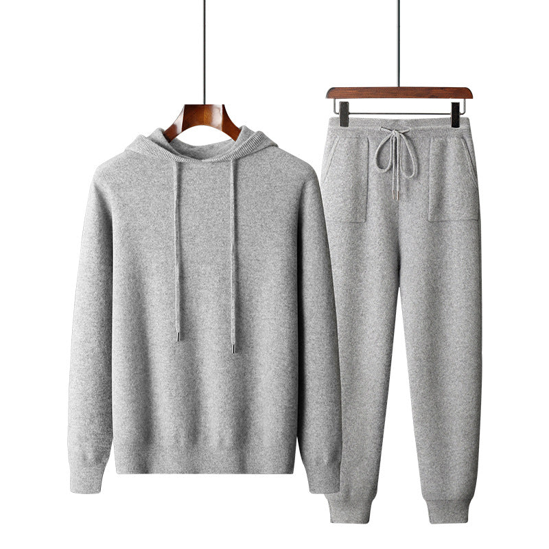 Men's Solid Color Casual Hooded Knitted Sweatshirt Long Pants Set