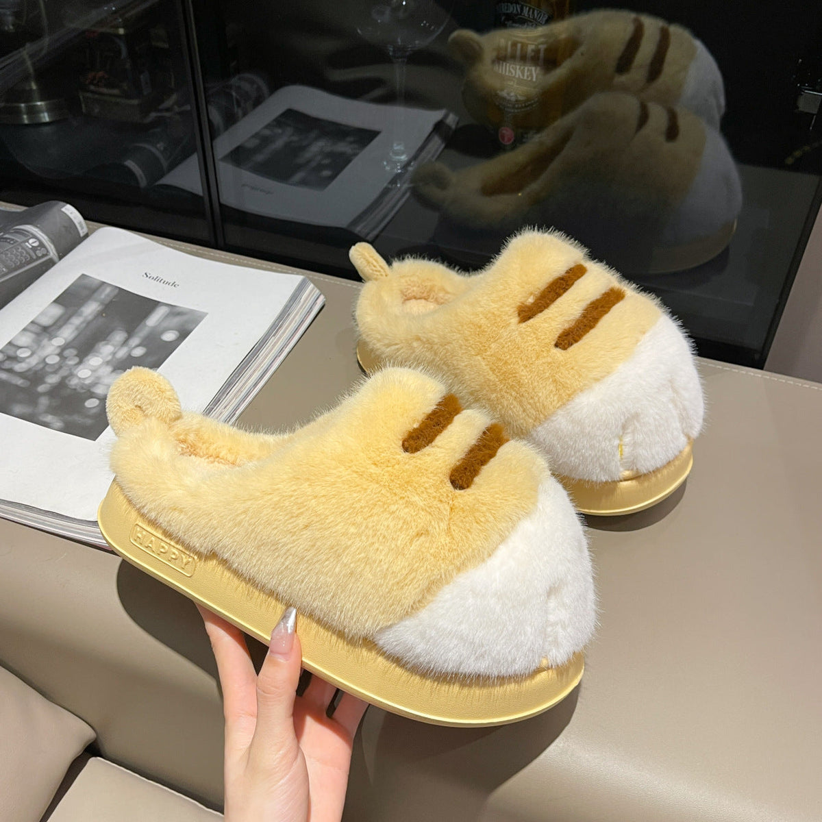 Women's Fleece Cartoon Toe Cover Fluffy Slippers