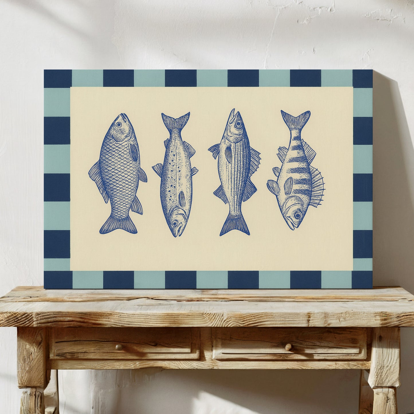 Quatuor de poissons vintage sur un damier bleu