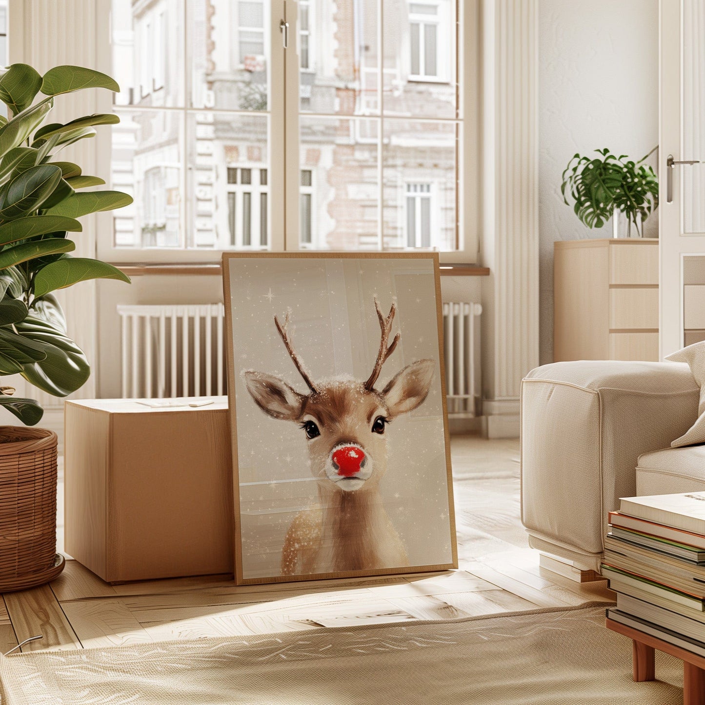 Adorable renne enneigé – Impression murale de Noël douillette