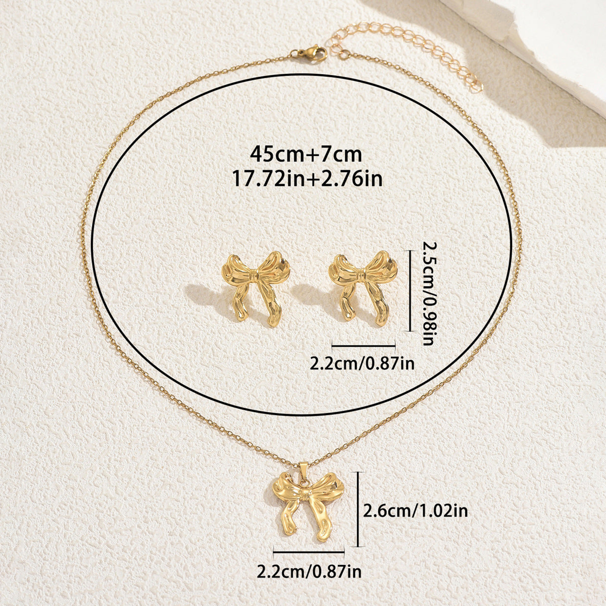 Hot Selling Cross-border European American Women Jewelry Set, Geometric Bow Design Pendant Necklace & Matching Earrings, Versatile Daily Accessories For Ladies