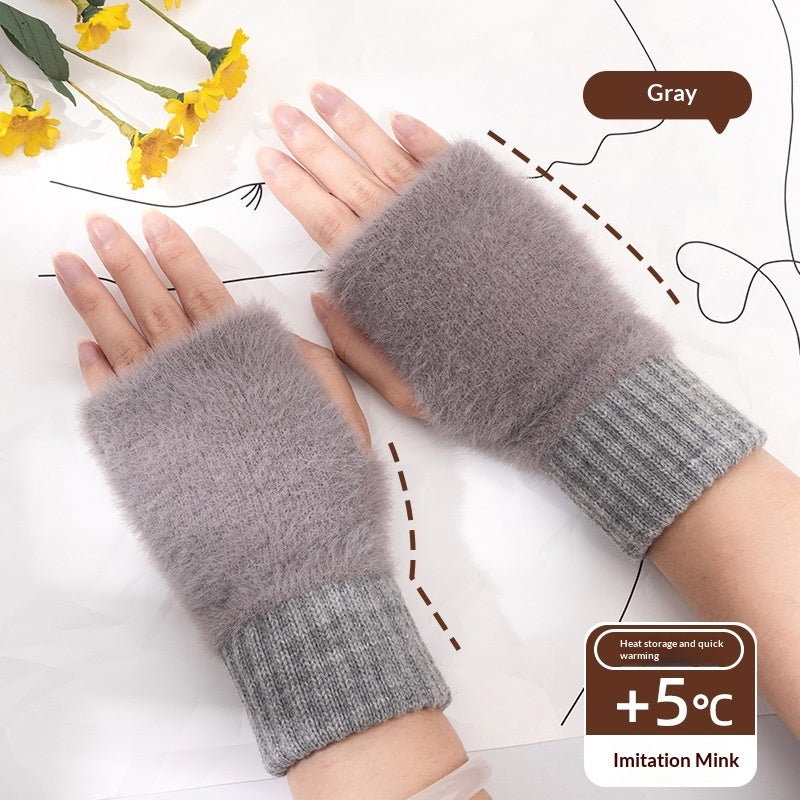 Women's Half-finger Plush Thermal Knit Gloves