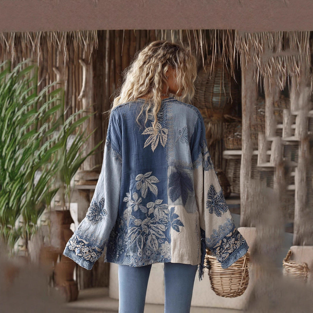 Ethnic-style Casual Linen Shawl With A Printed Shirt