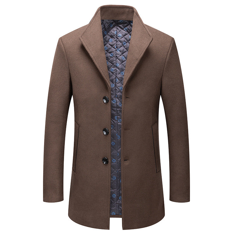 Stand-collar Cotton-lined Wrinkle-resistant Mid-length Wool Coat
