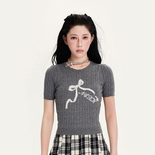 Bow Embroidered Hollow-Out Short Sweater