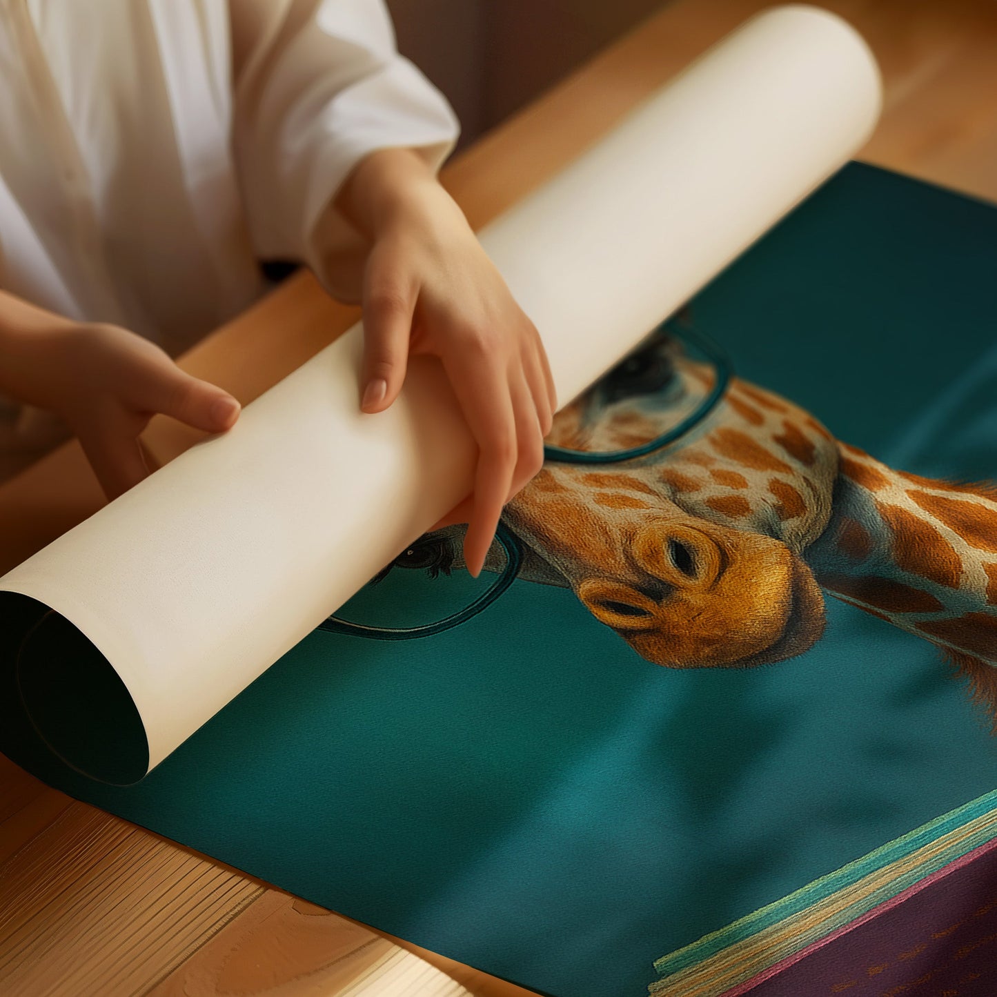 Girafe à lunettes lisant un livre