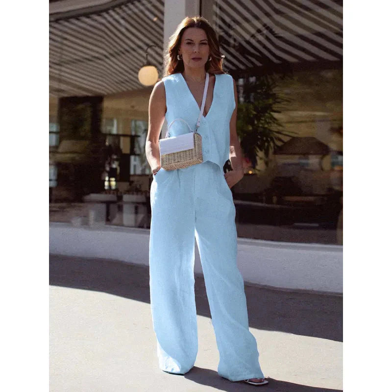 Women’s V‑Neck Button‑Front Vest & High‑Waist Pants Set