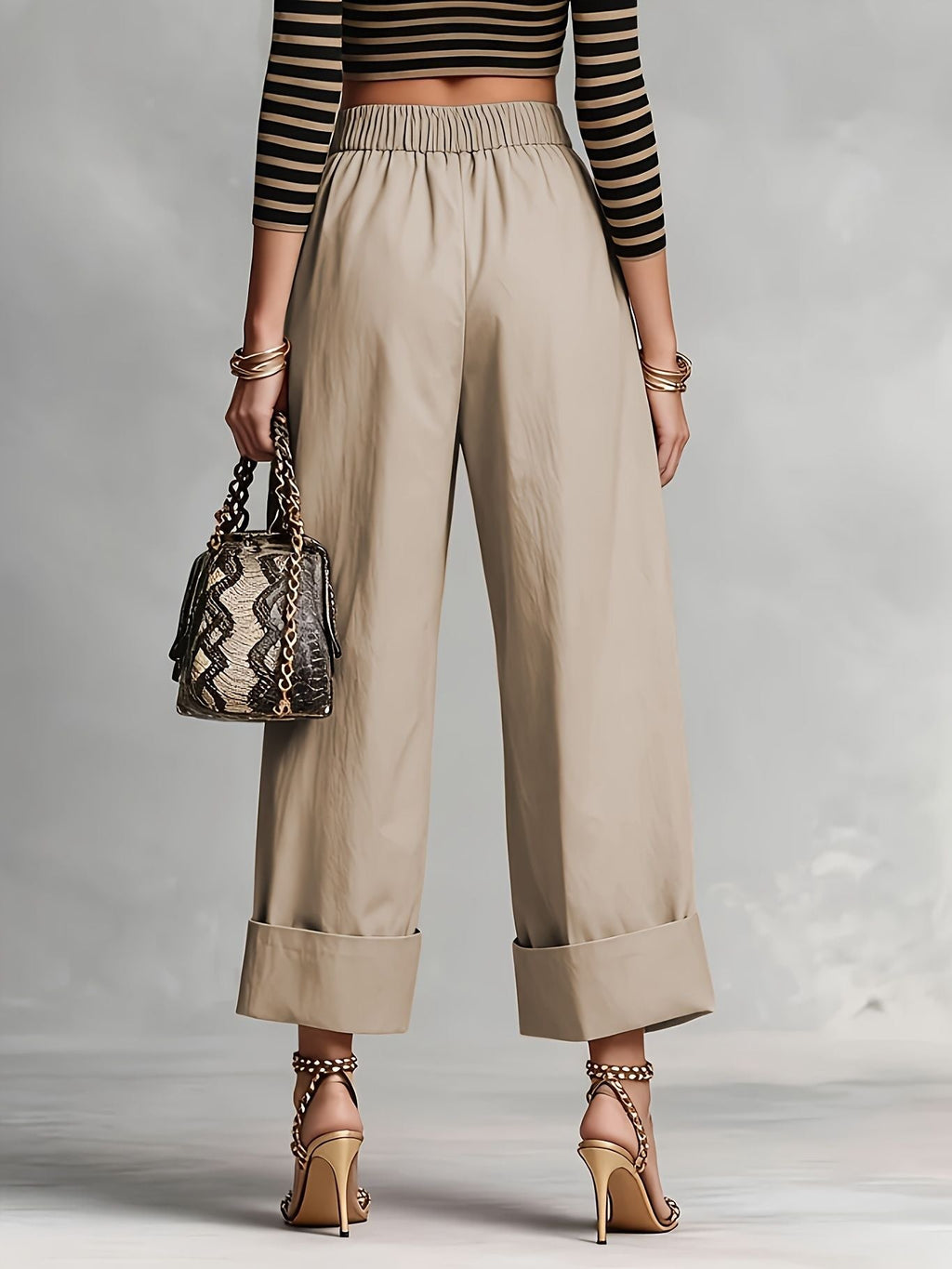 Women's Pleated Cuffed Straight-Leg Pants with Pockets