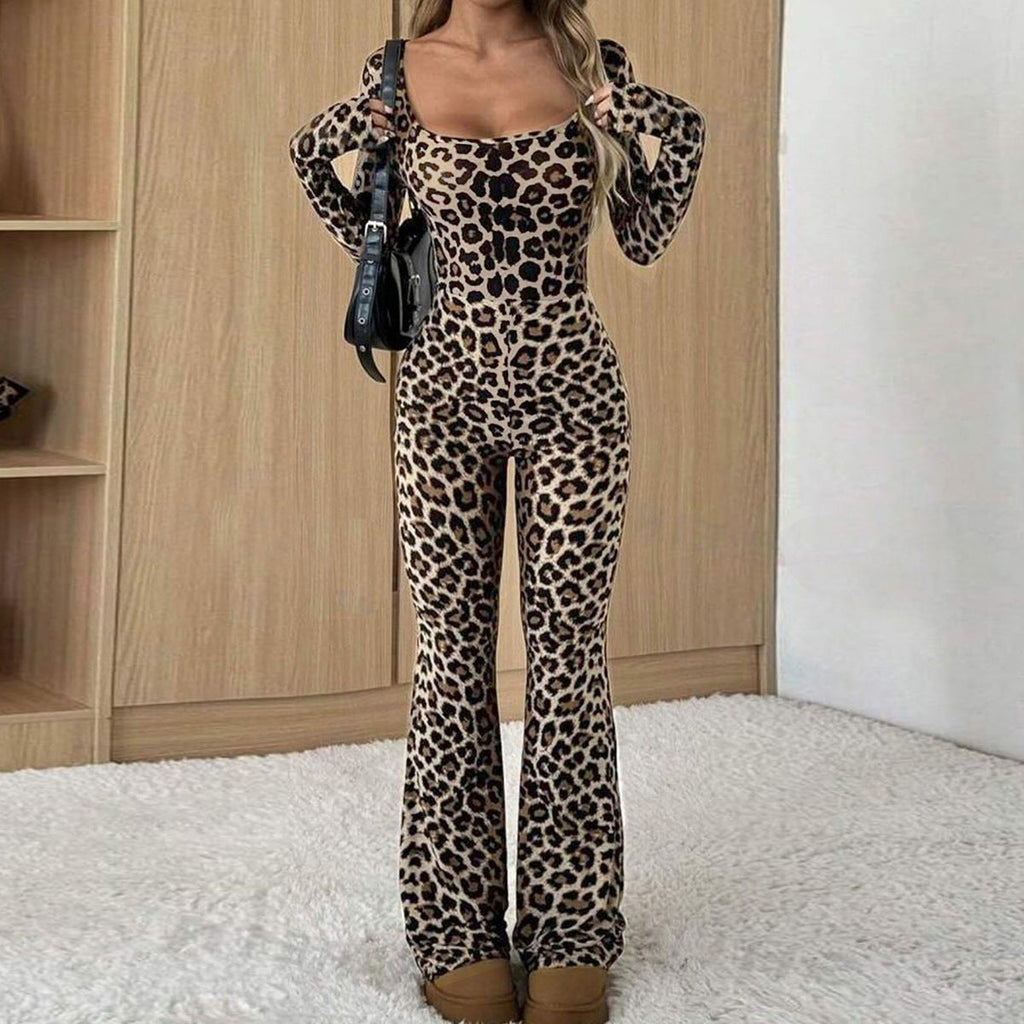Women's Slim-fit Hip-wrapped Square Collar Leopard Print Jumpsuit