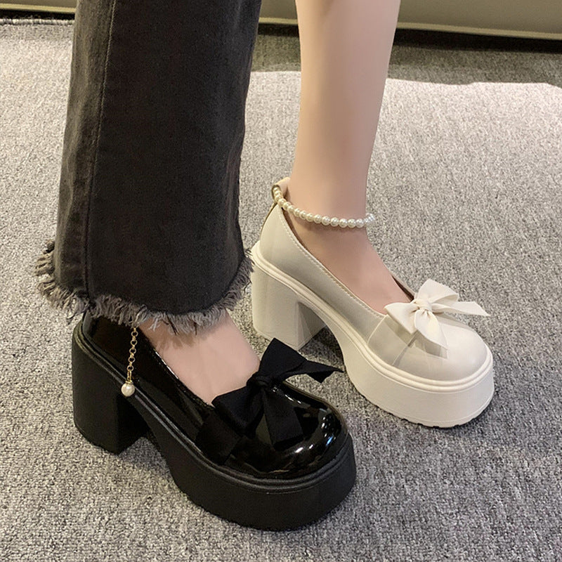 Pearl Bow High-heeled Leather Shoes