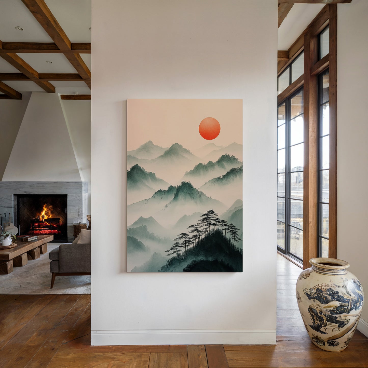 Nebelgebirgs-Sonnenaufgang – Ruhiger, asiatisch inspirierter Landschaftsdruck