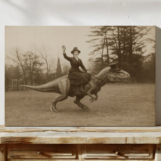 Dame victorienne chevauchant un T-Rex portant un chapeau haut-de-forme