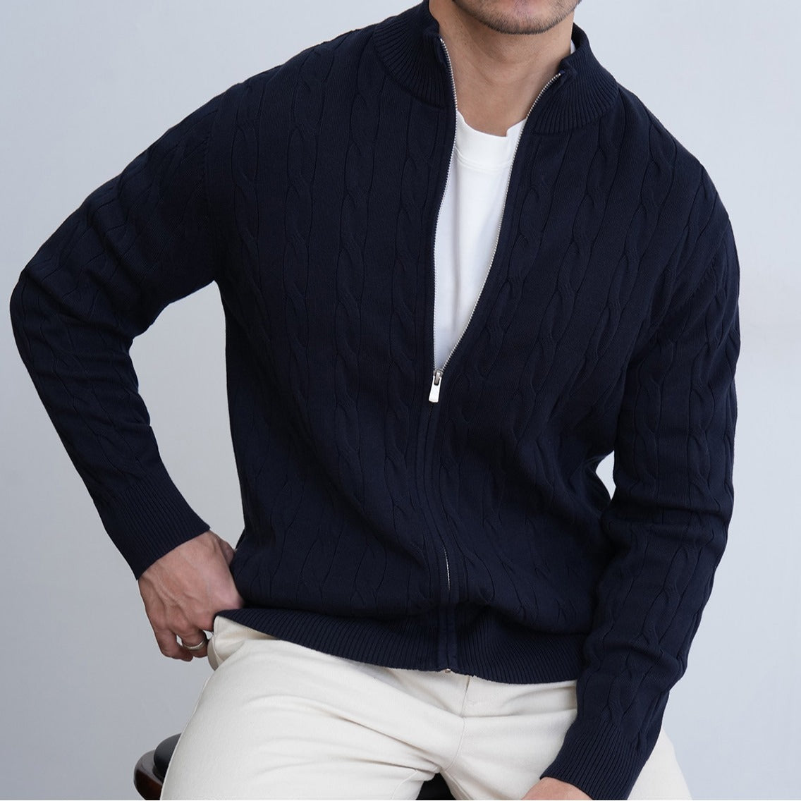 Mens Casual Slim-fit Jacquard Knitted Coat With A Stand-up Collar