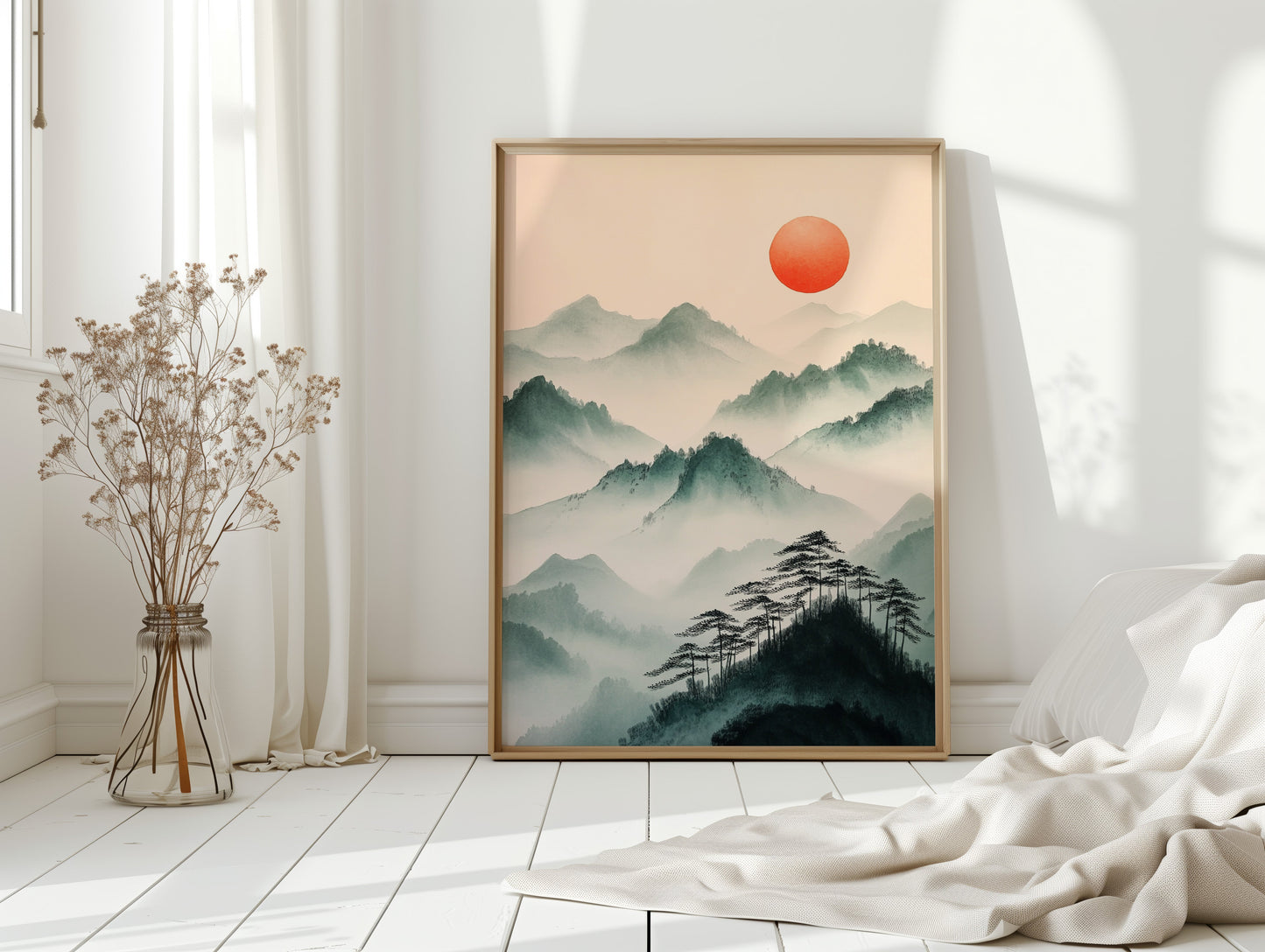Nebelgebirgs-Sonnenaufgang – Ruhiger, asiatisch inspirierter Landschaftsdruck