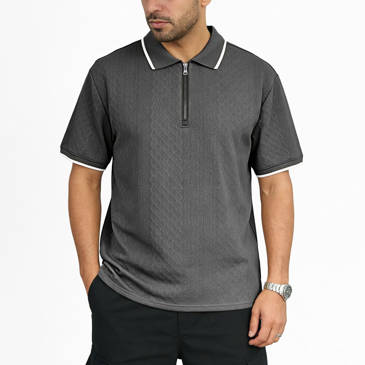 Mens Jacquard Loose-Fit Short-Sleeve Zip-Up Polo Shirt