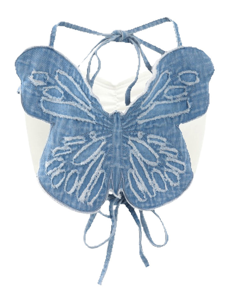 Embroidered Camisole With Butterfly Theme Sexy Blue Stage Performance Top For Girl Groups