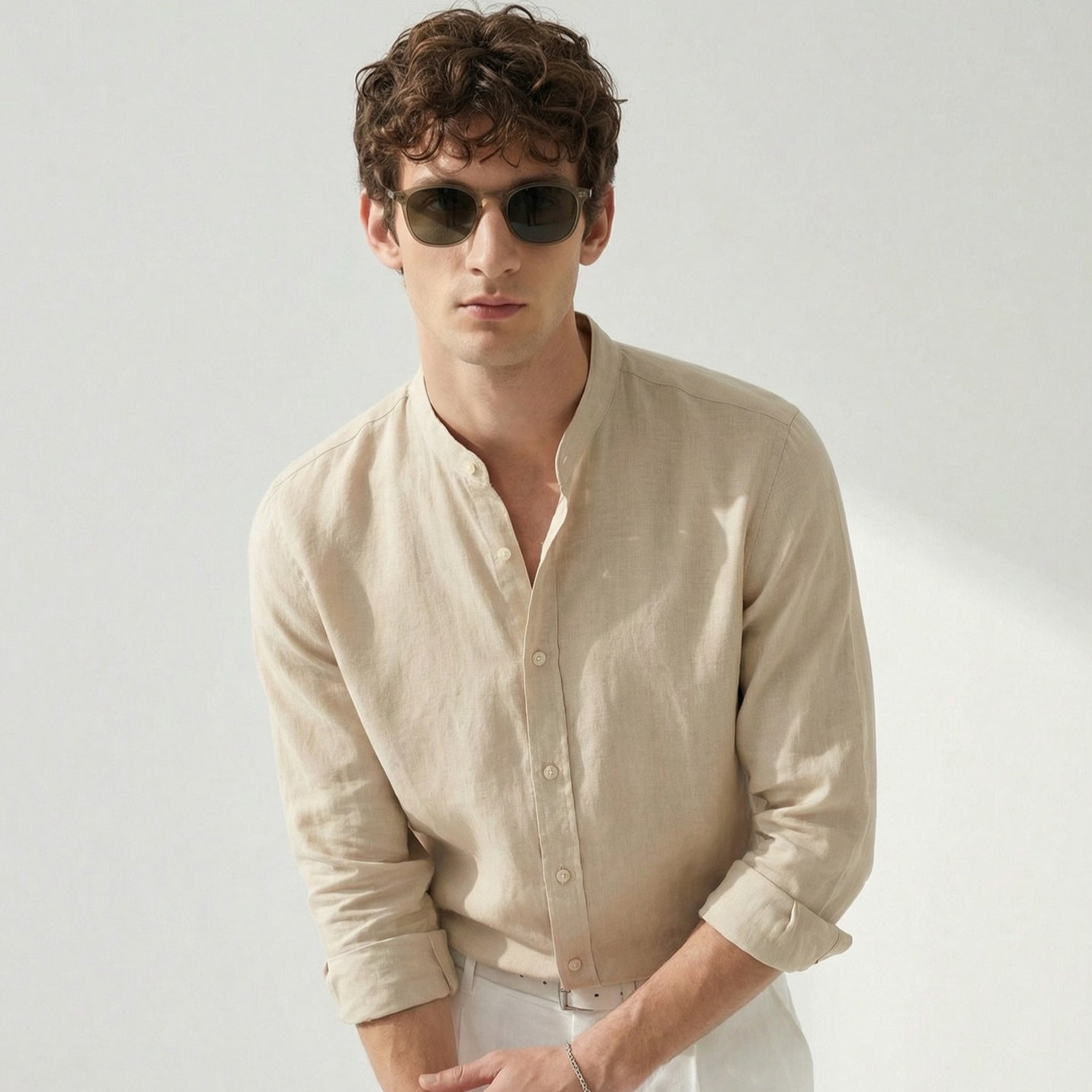 Italian Neapolitan Luxury Pure Natural Linen Mens Long Sleeve Shirt