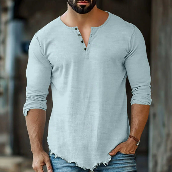 Fashionable Mens Casual Solid-Color Four-Button Long-Sleeve T-Shirt