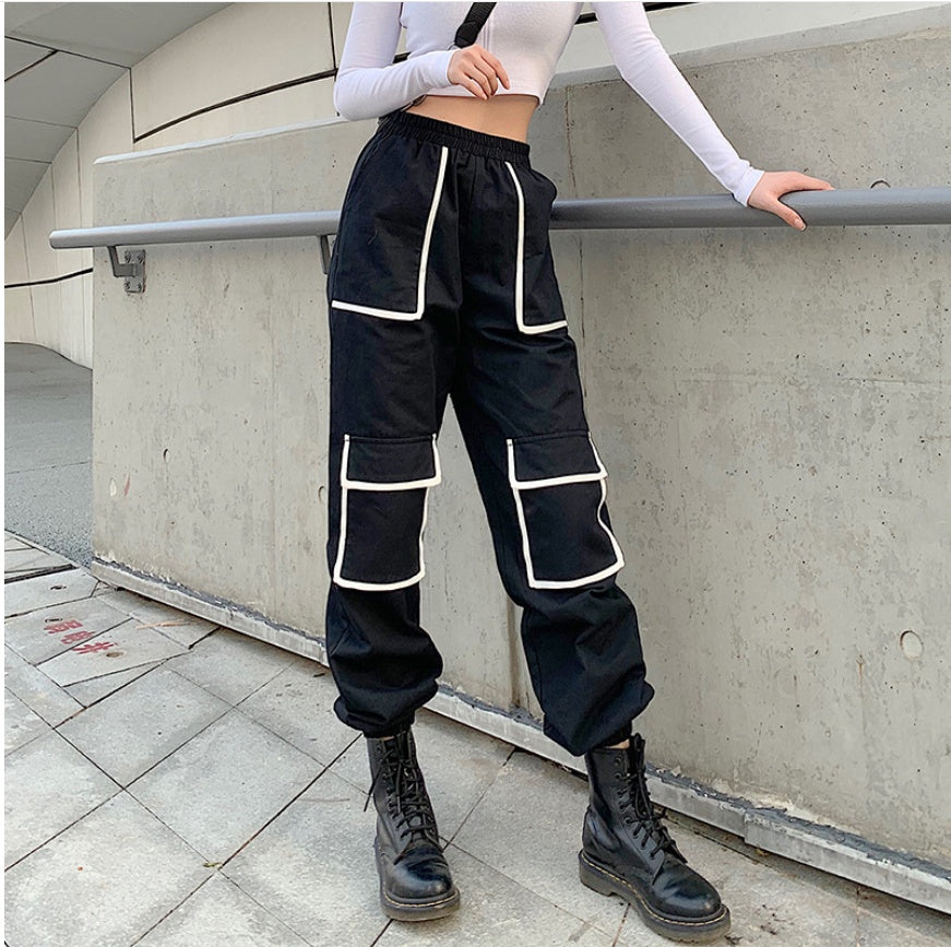 White Stripe Cargo Pants Women Trousers Pockets Patchwork Contrast Color High Waist Pants Hip Hop Capris