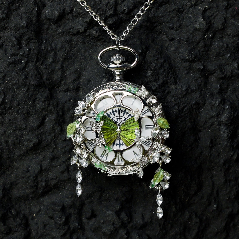 Couples Teal And Green Butterfly Animated Pocket Watch For Graduation Season