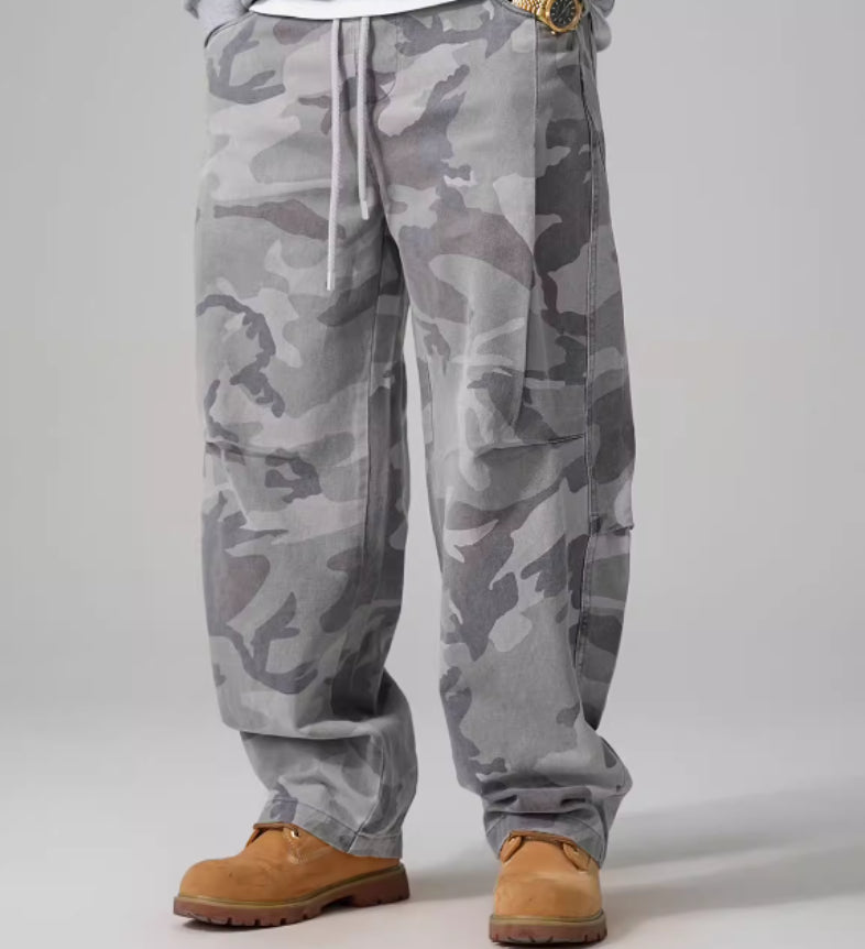 American-style Retro Pure Cotton Camouflage Work Pants Straight-leg Loose Fit With A Drawstring