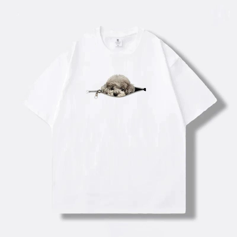 Plus-size Cotton Zip-up Dog-print Casual Summer Couple T-shirts
