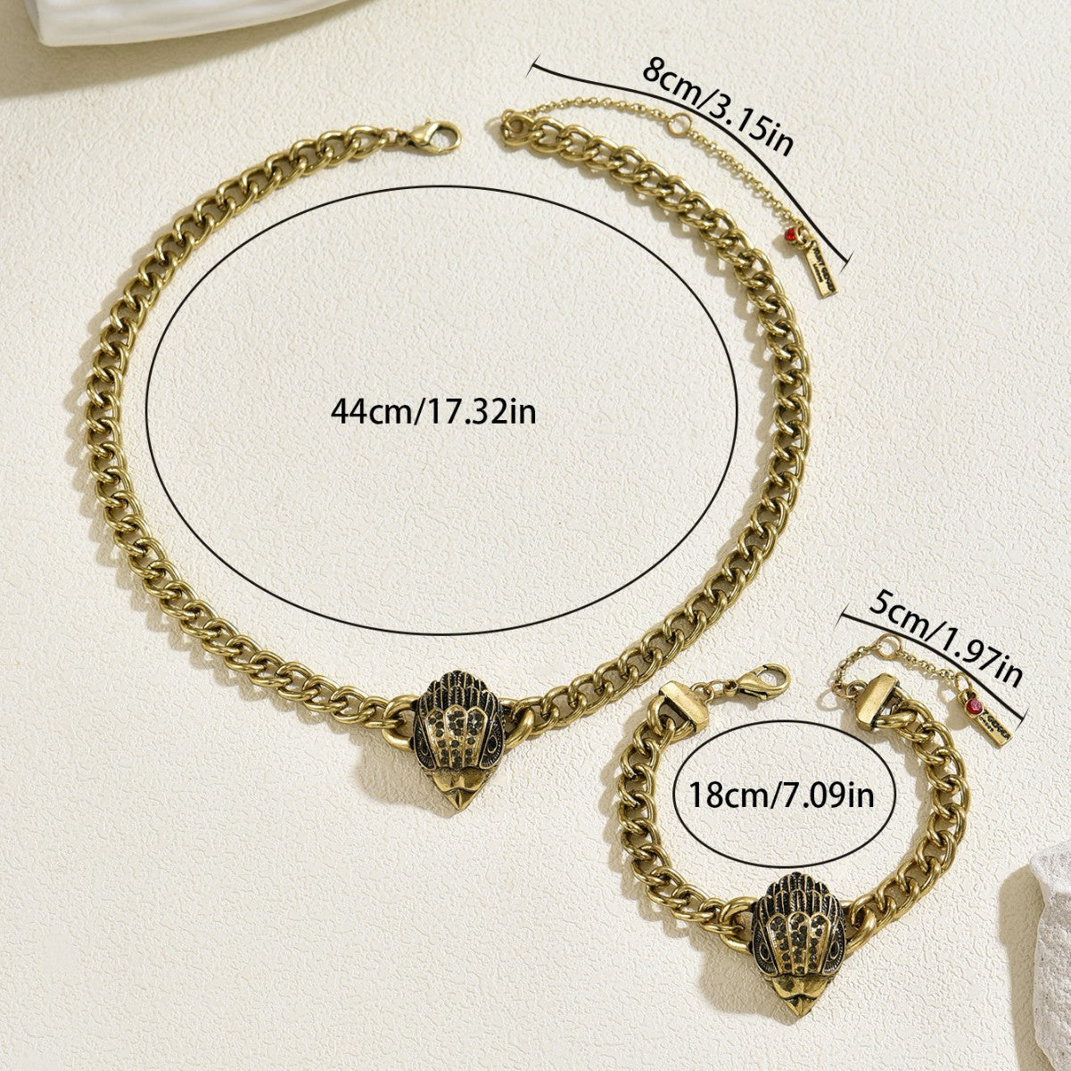 Vintage European American Women Jewelry Set, Eagle Head Inlaid Cubic Zirconia Necklace & Bracelet, Trendy High-end Matching Accessories
