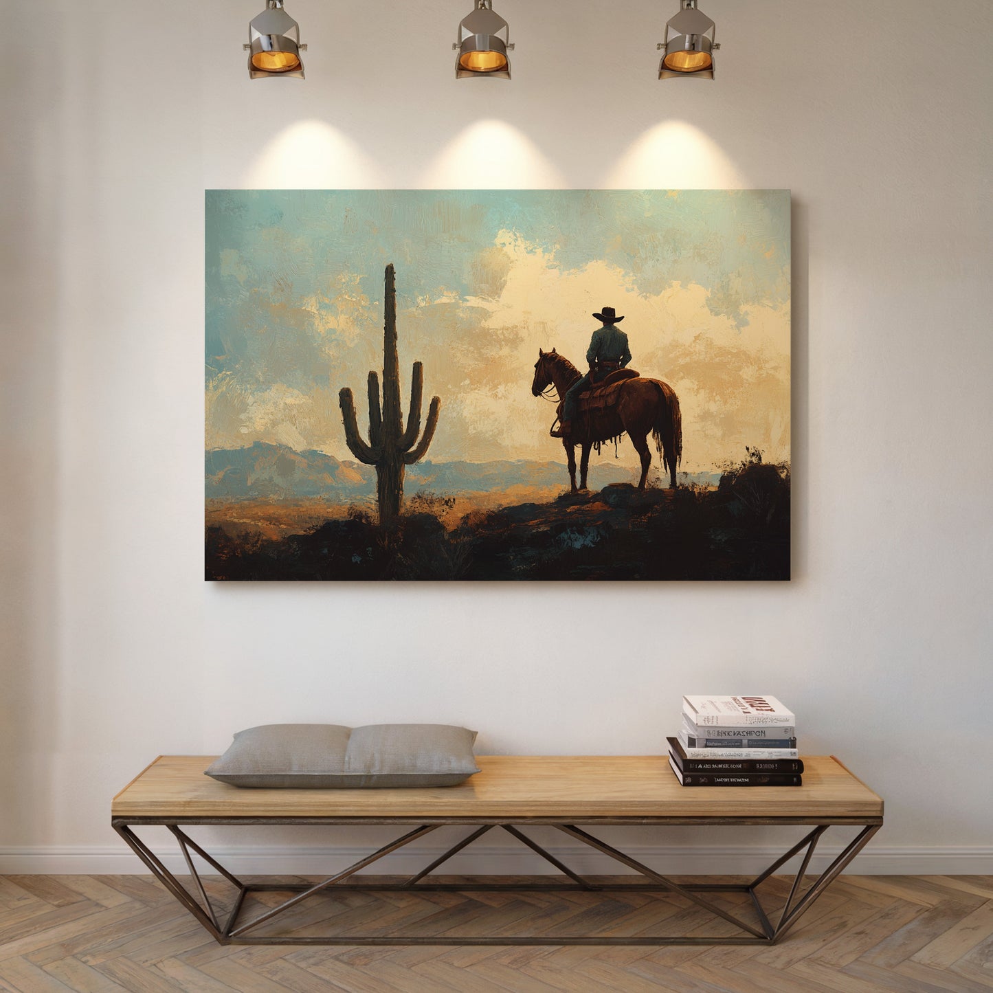 Cowboy-Sonnenuntergang bei den Saguaros