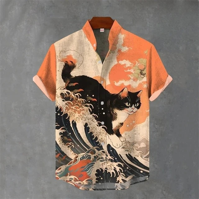Animal-print Mens Shirt Summer Casual Short Sleeves