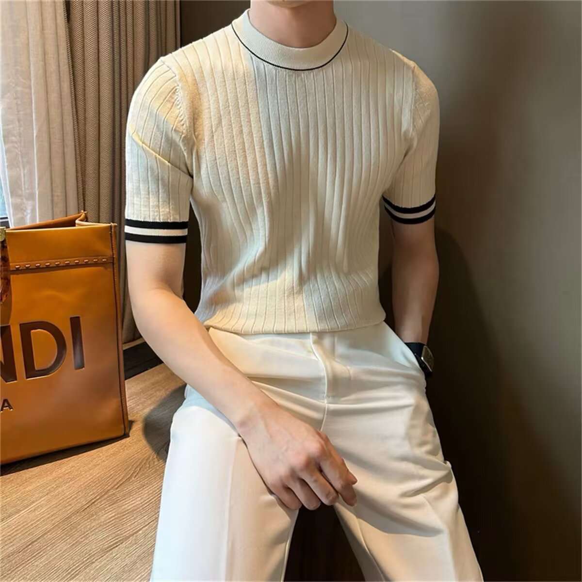 Men's Short-Sleeve Ice Silk Knit Shirt Crew-Neck Slim-Fit Sweater