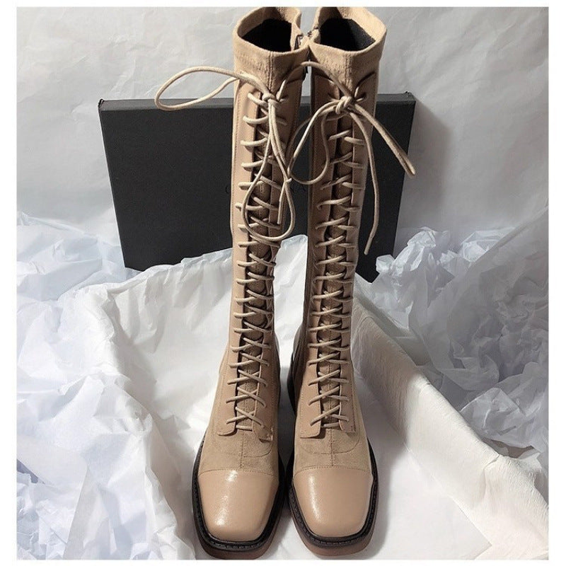 Stitched Round-toe Lace-up High-top Womens Boots