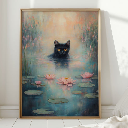 Mystische schwarze Katze im Wasser – verträumtes Seerosen-Gemälde