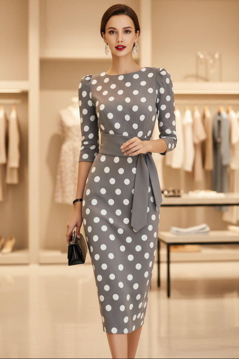 Women's Retro Polka-Dot Bodycon Midi Dress – Belted Cross-Tie