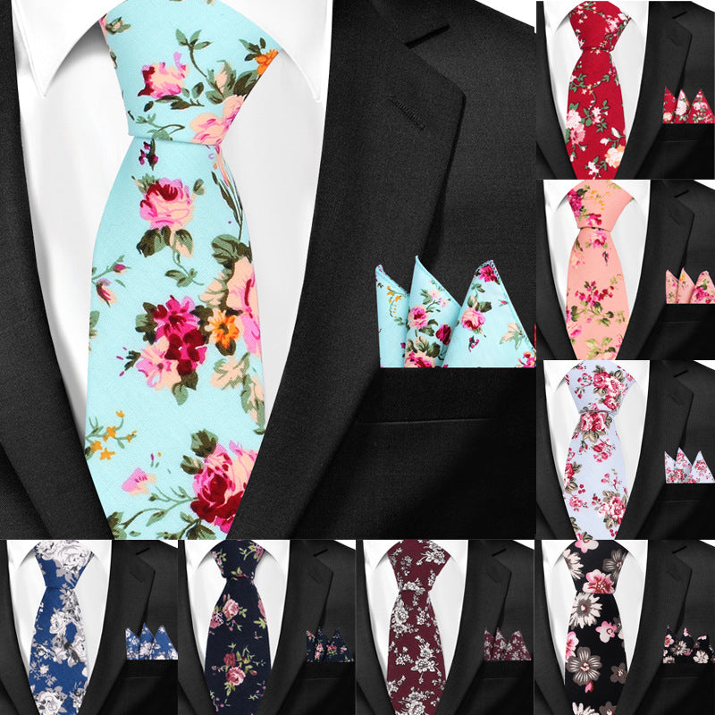 Casual Cotton Floral Print 6cm Casual Tie Pocket Square Suit