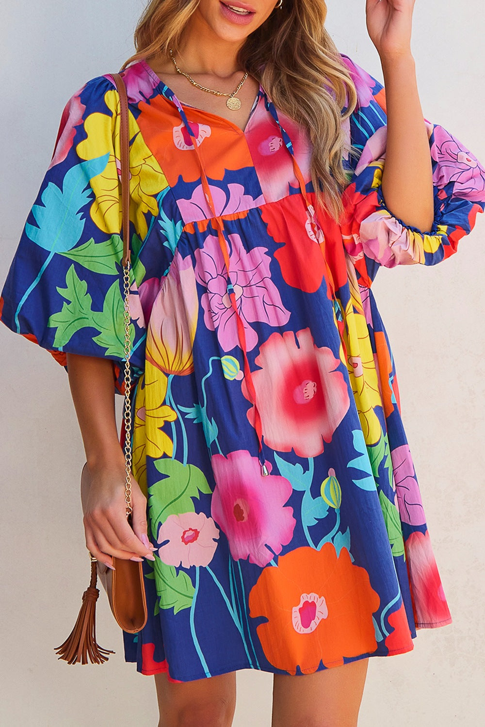 Modern Floral Print Tie Neck Dress Elegant & Timeless Colorful Dress