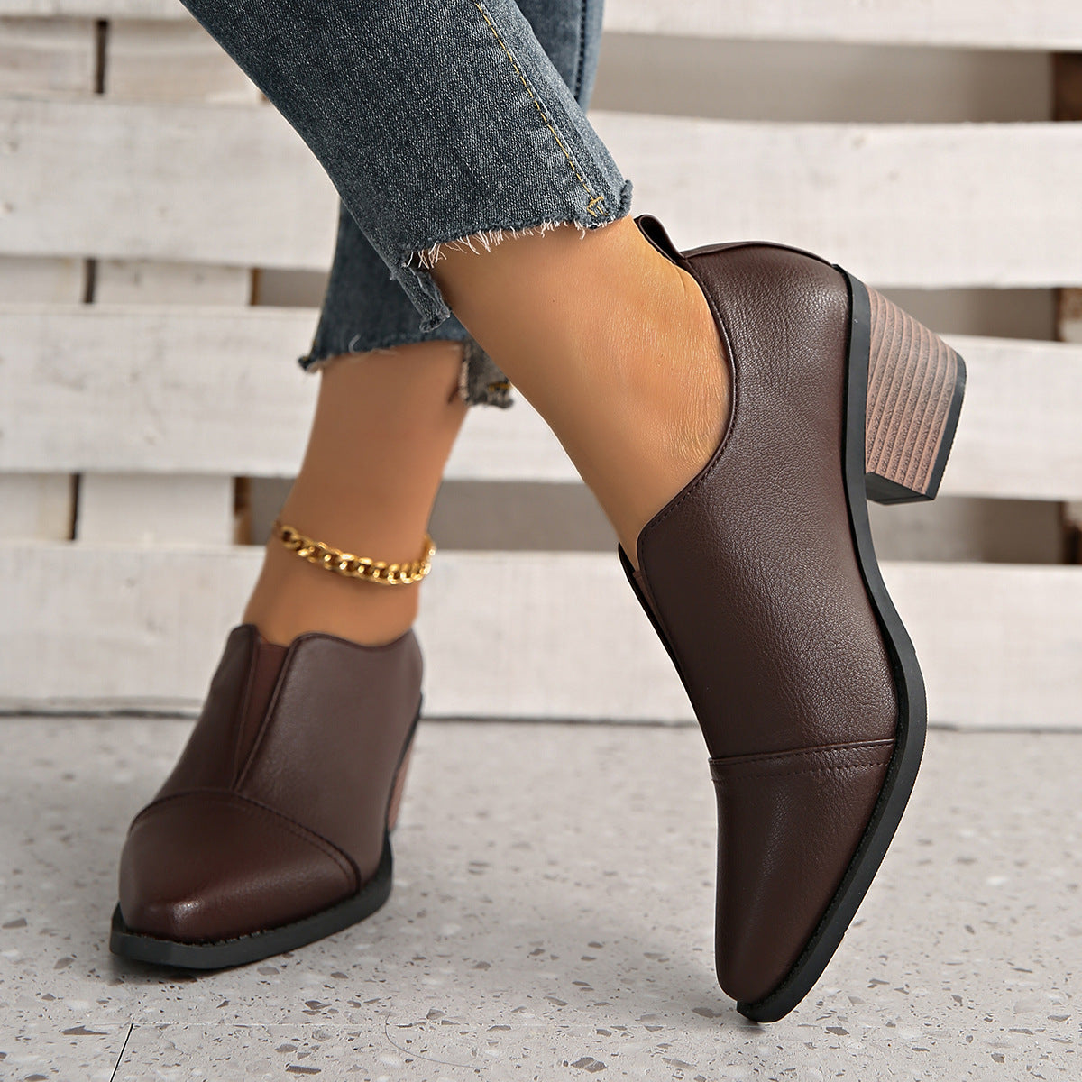 New Spring And Autumn Pointed-toe Chunky-heel Casual Low-top Shoes
