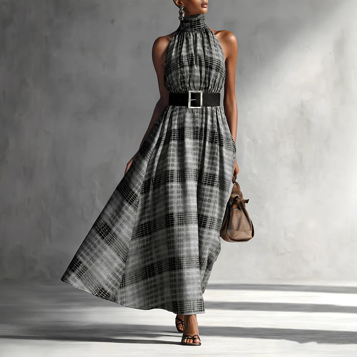Sleeveless Plaid High Waist Lace-Up A-Line Maxi Dress for Women – Black & White Check