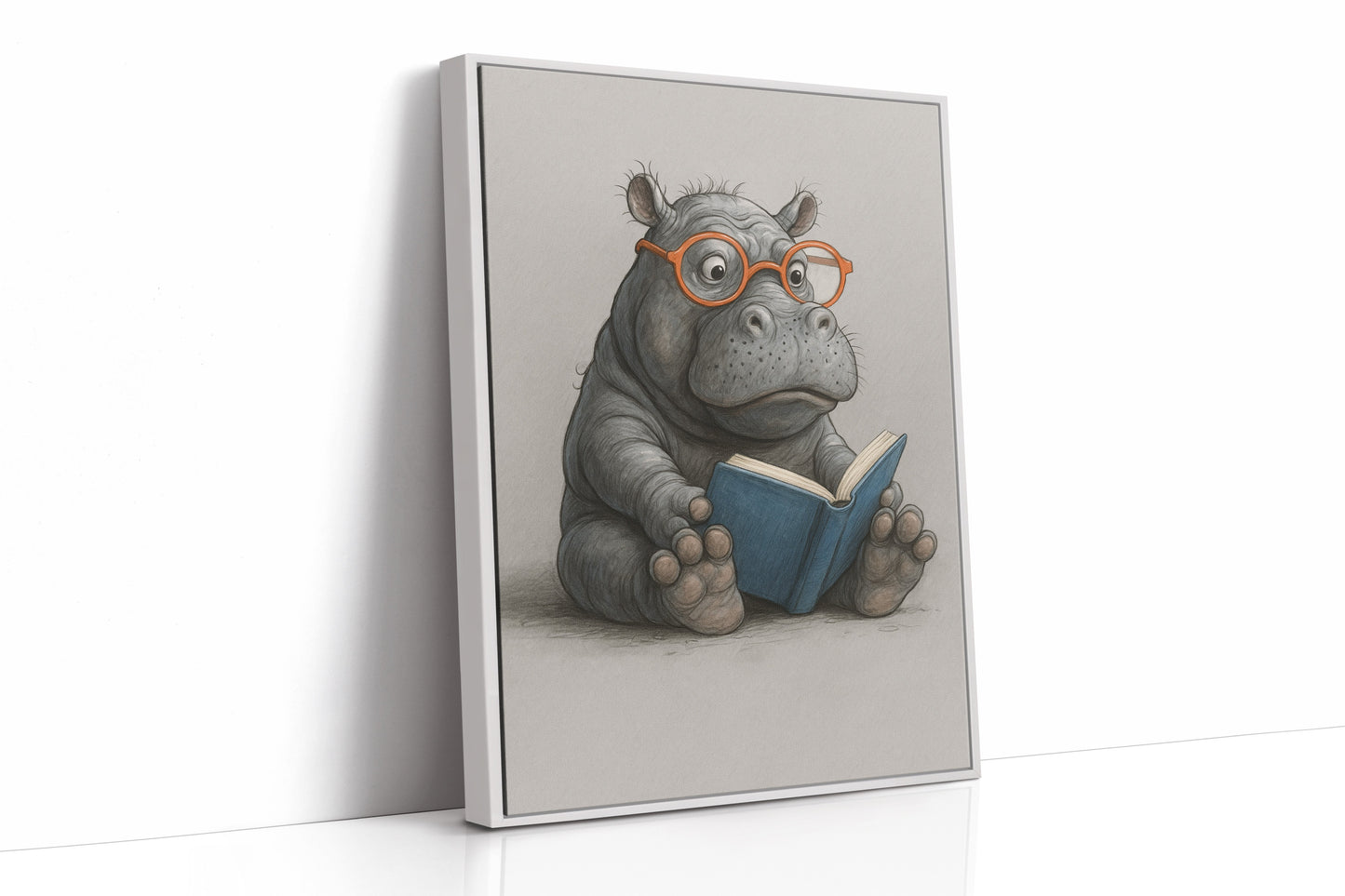 Baby-Nilpferd liest mit Brille