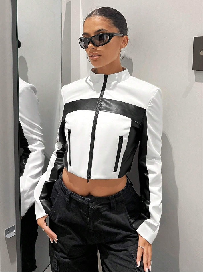 Black And White Contrast Color Leather Coat Women's Zipper Short Slim Jacket