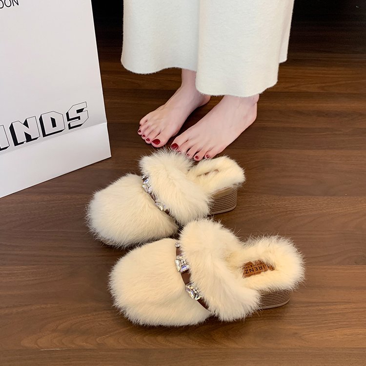 Women's Platform Rhinestone Luxury Furry Slippers, 2025 Autumn New Arrival, Soft Sole Versatile Niche Heightening Cotton Slippers