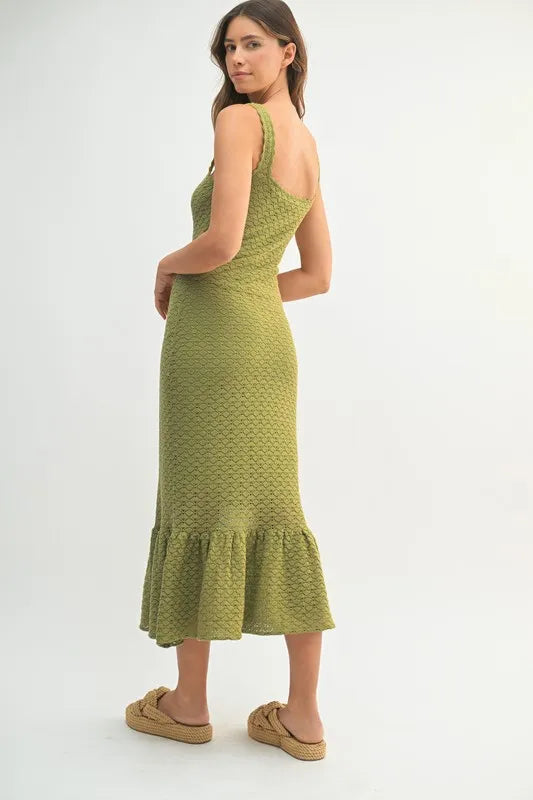 Ruffled Hem Sleeveless Crochet Knit Midi Dress For Women – Crochet Knit Dress, Unique Ruffled Hem Dress, Sleeveless Midi Dress, Summer Midi Dress, Elegant Crochet Dress