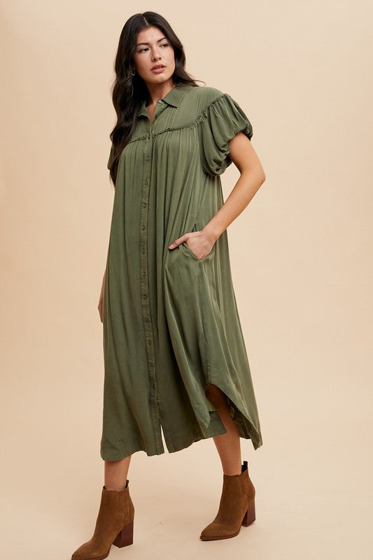 Mineral Washed Button Down Puff Sleeve Shirt Dress For Women – Fluttering, Fashionable Button Down Dress with Puff Sleeves, Mineral Wash for an Effortlessly Chic Look
