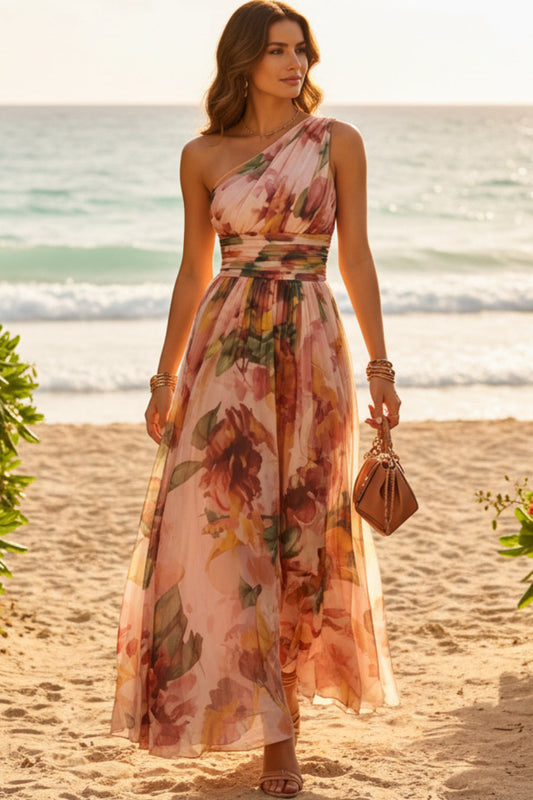 Floral One Shoulder Waist-Cinched Beach Maxi Dress