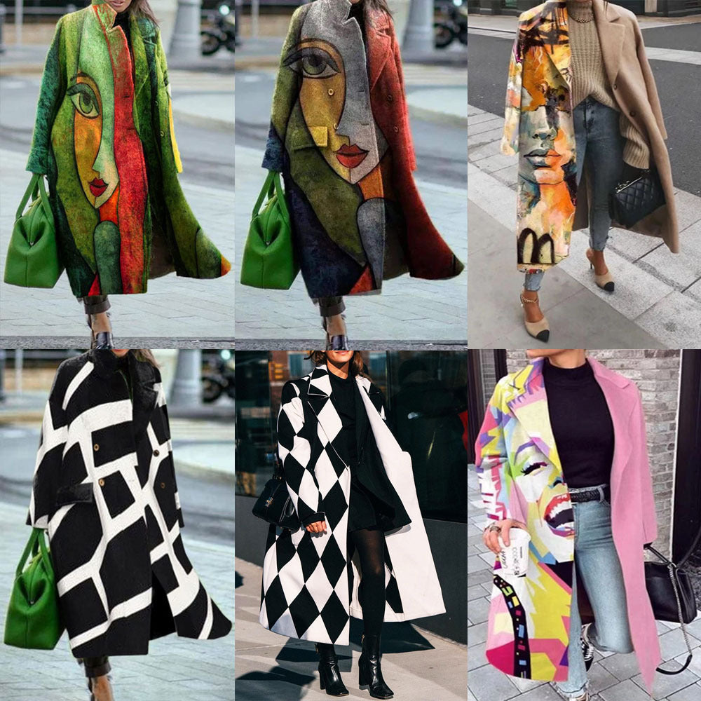 Women's Color Matching Plaid Long-sleeved Coat